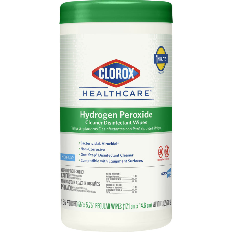 Clorox Healthcare Hydrogen Peroxide Cleaner Disinfectant Wipes, Canister, 155 ct.-Clorox Healthcare Surface Disinfectant Cleaner Premoistened Hydrogen Peroxide Based Manual Pull Wipe 155 Count Canister Unscented NonSterile