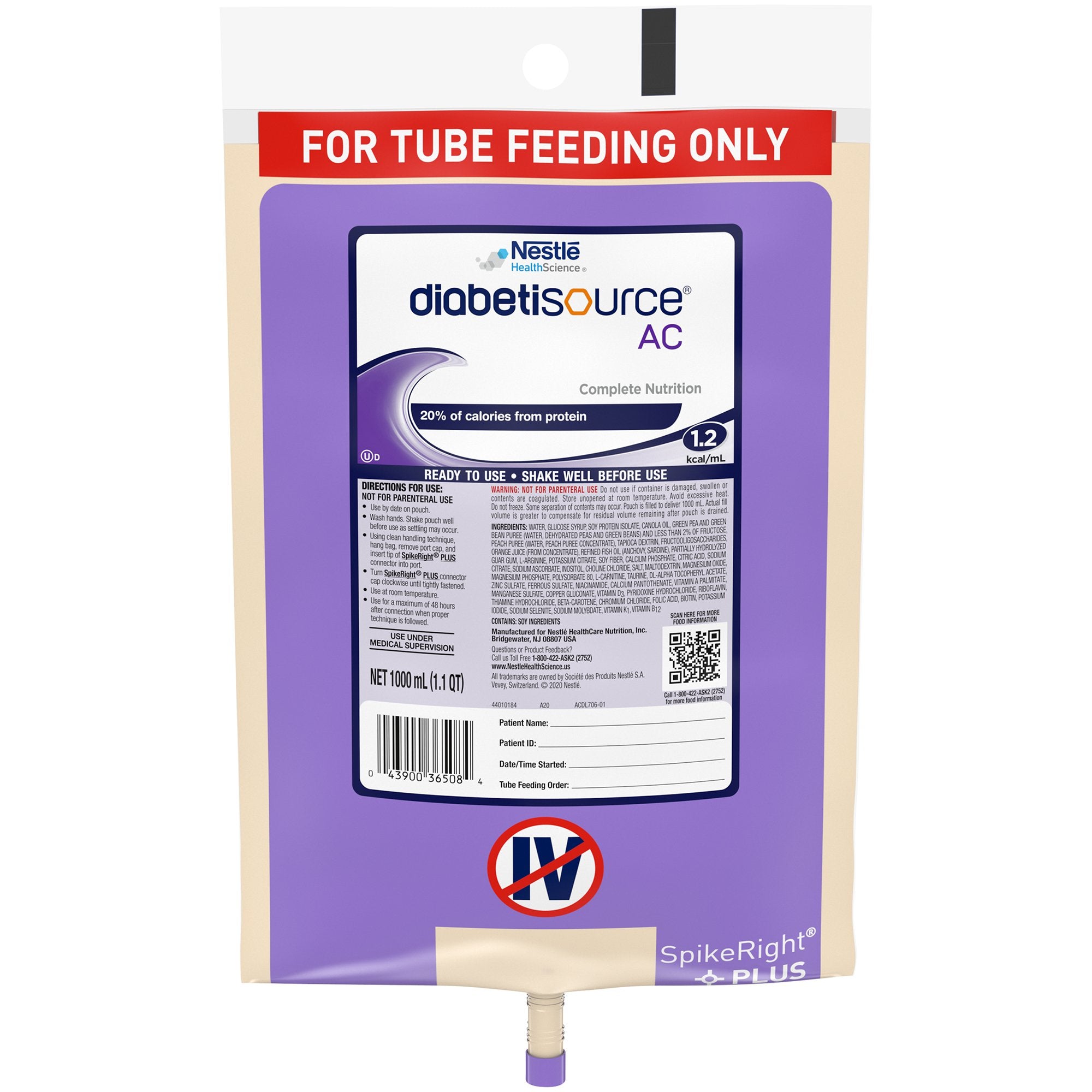 Diabetisource AC Tube Feeding Formula, 33.8 oz. Bag-Tube Feeding Formula Diabetisource AC Unflavored Liquid 1000 mL Ready to Hang Prefilled Container
