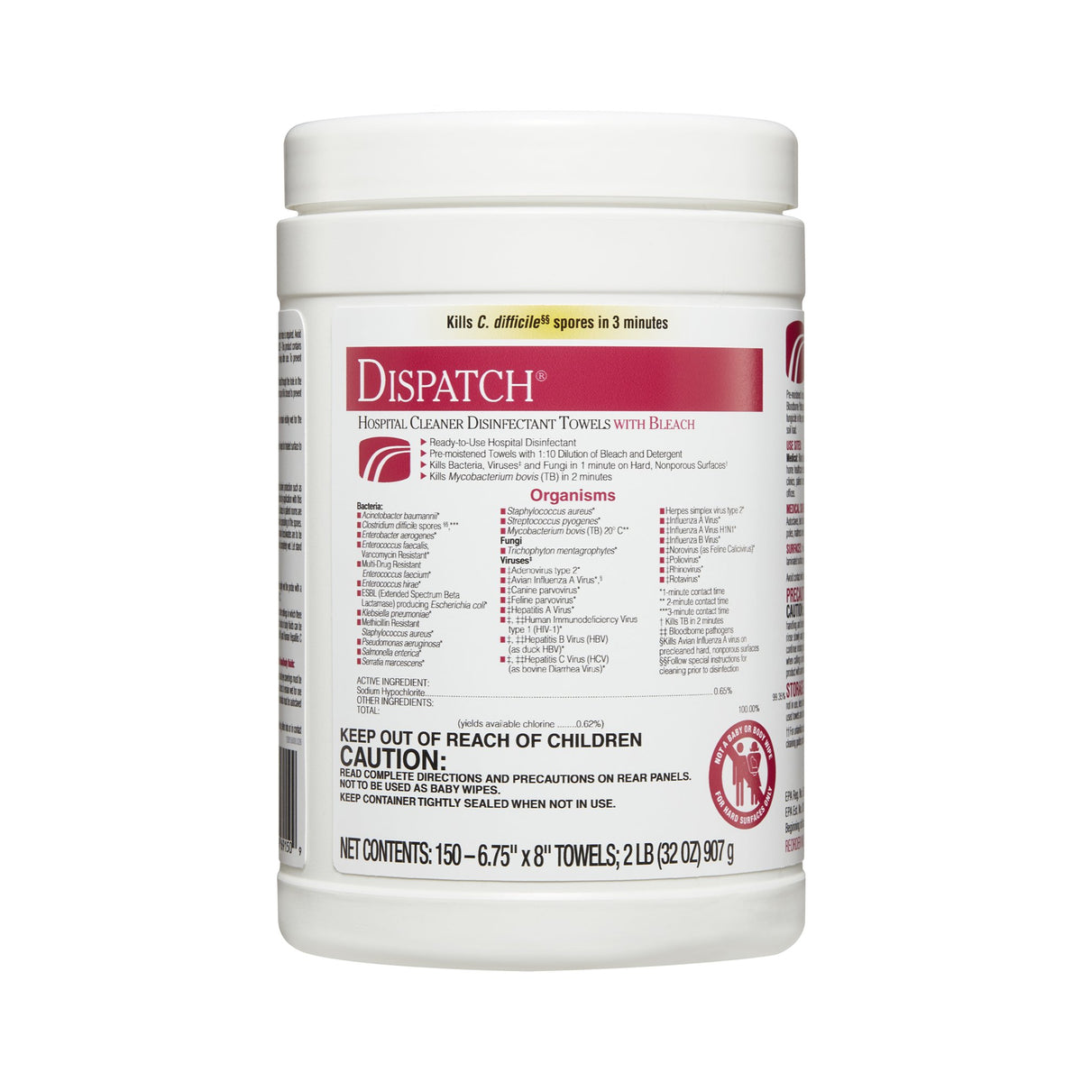 Dispatch Surface Disinfectant Cleaner with Bleach, Canister-Dispatch with Bleach Surface Disinfectant Cleaner Premoistened Manual Pull Wipe 150 Count Canister Fruity Floral Bleach Scent NonSterile
