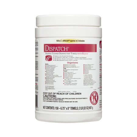 Dispatch Surface Disinfectant Cleaner with Bleach, Canister-Dispatch with Bleach Surface Disinfectant Cleaner Premoistened Manual Pull Wipe 150 Count Canister Fruity Floral Bleach Scent NonSterile