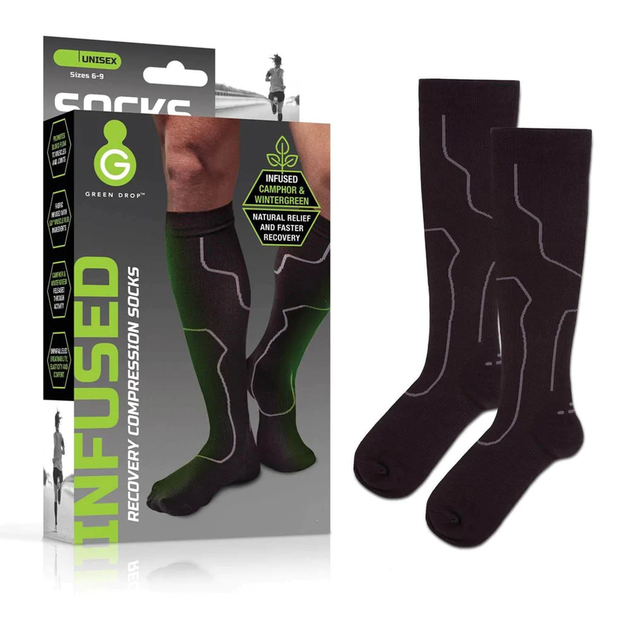 Green Drop Compression Socks Medical-Grade Infused Support, L/XL-Compression Socks Green Drop Knee High Large / X-Large Black Closed Toe