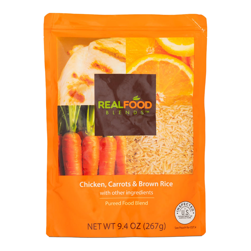 Real Food Blends Orange Chicken, Carrots & Brown Rice Pureed Food Blend for Tube Feeding, 9.4-ounce pouch-Tube Feeding Formula Real Food Blends Chicken / Carrots / Brown Rice Flavor Liquid 9.4 oz. Pouch