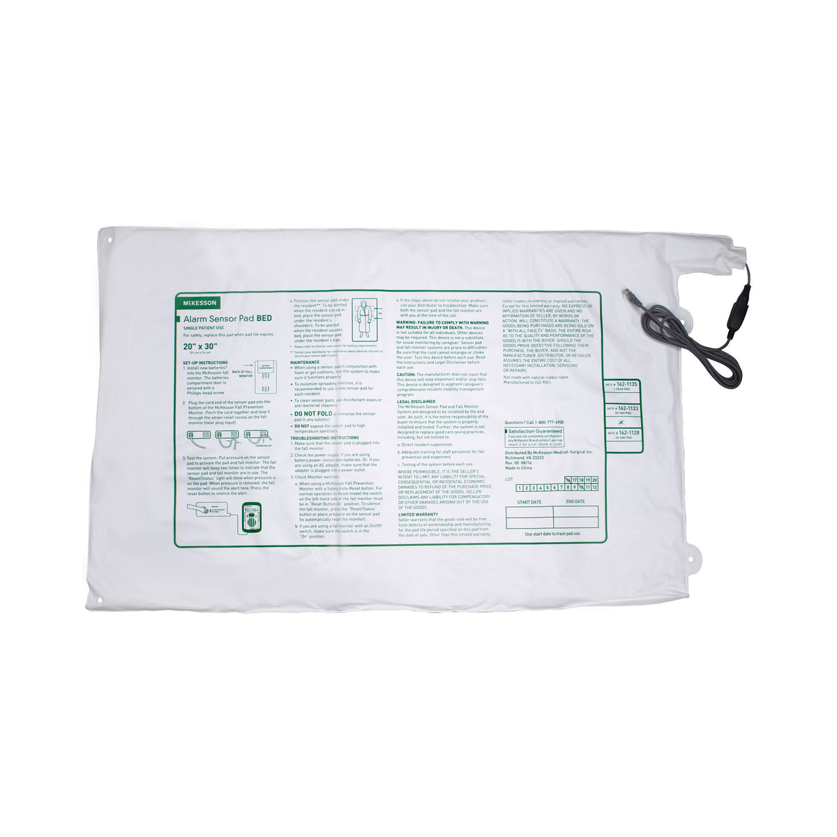 McKesson Bed Alarm Sensor Pad, 20 x 30 Inch - Ambulatory Equipment>Alarms>Alarm Pads and Sensors - McKesson Brand