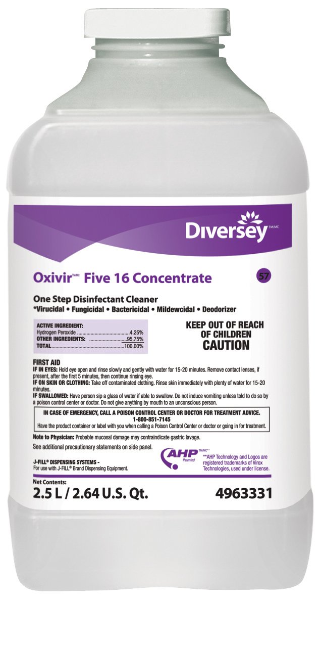 Oxivir Five 16 Surface Disinfectant Cleaner Concentrate, 2.5 L-Diversey Oxivir Five 16 Surface Disinfectant Cleaner Peroxide Based J-Fill Dispensing Systems Liquid Concentrate 2.5 Liter Bottle Scented NonSterile