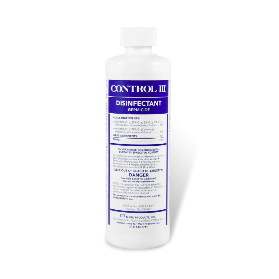 Control III Surface Disinfectant Germicide Cleaner, 16 oz.-Control III Disinfectant Germicide Surface Disinfectant Cleaner Quaternary Based Manual Pour Liquid Concentrate 16 oz. Bottle Benzaldehyde Scent NonSterile