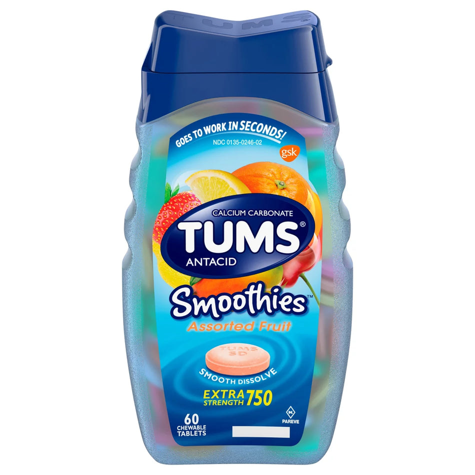 Tums Smoothies Extra Strength 750 Antacid Chewable Tablets, Assorted Fruit-Antacid