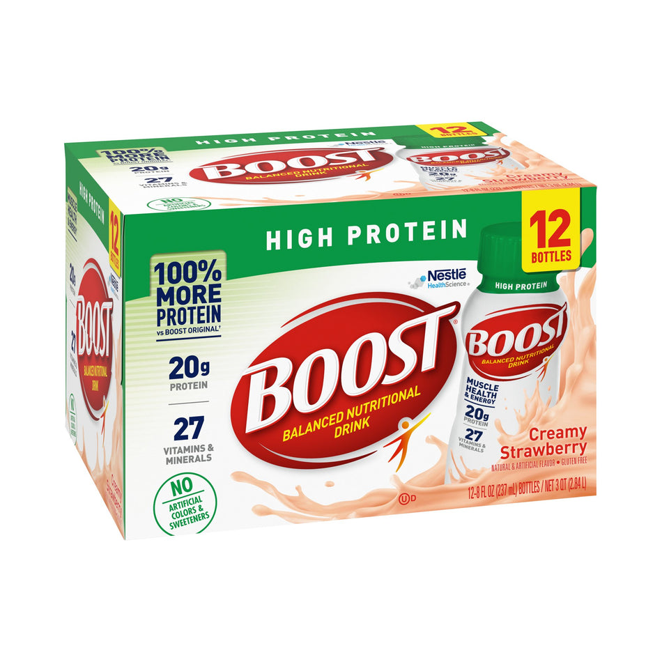 Boost High Protein Strawberry Complete Nutritional Drink, 8-ounce bottle-Oral Supplement Boost High Protein Creamy Strawberry Flavor Liquid 8 oz. Bottle