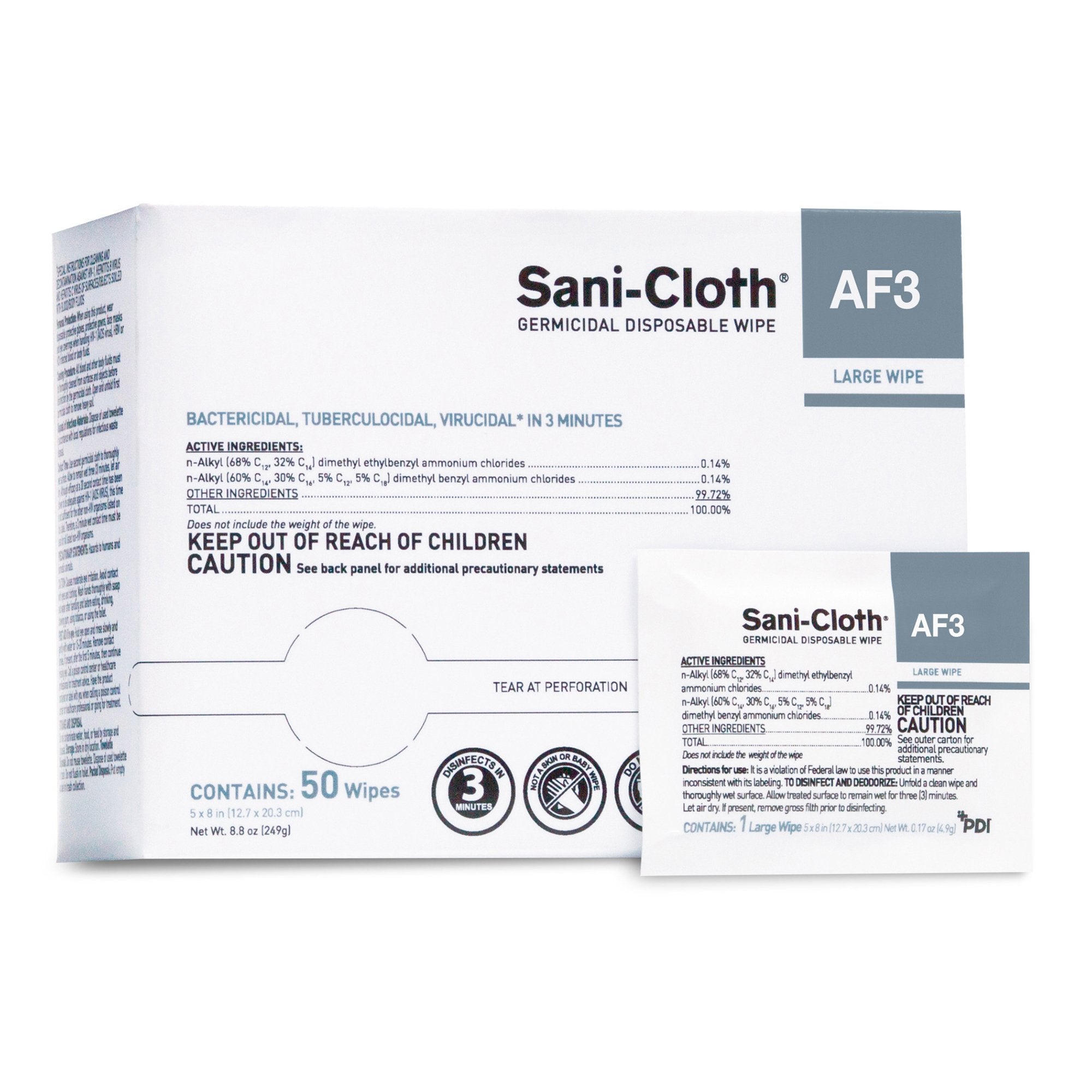 Sani-Cloth AF3 Germicidal Large Disinfectant Wipes, Individual Packet, 50 ct.-Sani-Cloth AF3 Surface Disinfectant Cleaner Premoistened Germicidal Manual Pull Wipe 50 Count Individual Packet Unscented NonSterile