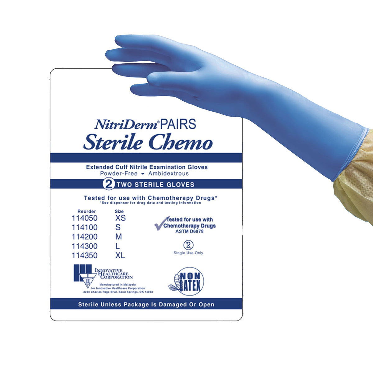 NitriDerm EC Nitrile Extended Cuff Length Exam Glove, Extra Large, Blue-Exam Glove NitriDerm EC X-Large Sterile Pair Nitrile Extended Cuff Length Smooth Blue Chemo Tested
