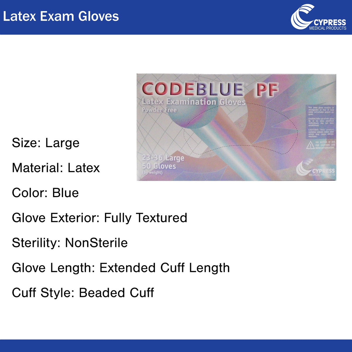 CodeBlue PF Latex Extended Cuff Length Exam Glove, Large, Blue-Exam Glove CODEBLUE PF Large NonSterile Latex Extended Cuff Length Fully Textured Blue Not Rated