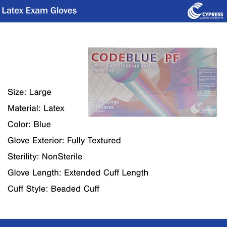 CodeBlue PF Latex Extended Cuff Length Exam Glove, Large, Blue-Exam Glove CODEBLUE PF Large NonSterile Latex Extended Cuff Length Fully Textured Blue Not Rated