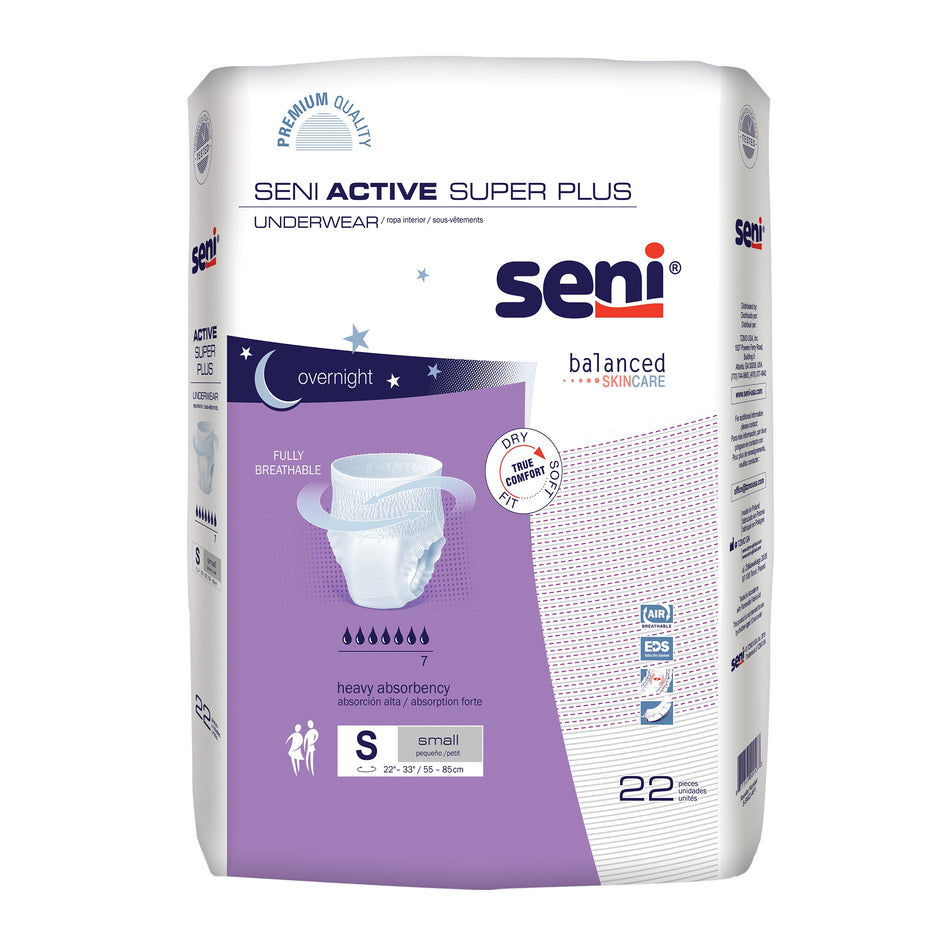 Seni Active Super Plus Overnight Heavy Absorbent Underwear, Small-Unisex Adult Absorbent Underwear Seni Active Super Plus Pull On with Tear Away Seams Small Disposable Heavy Absorbency
