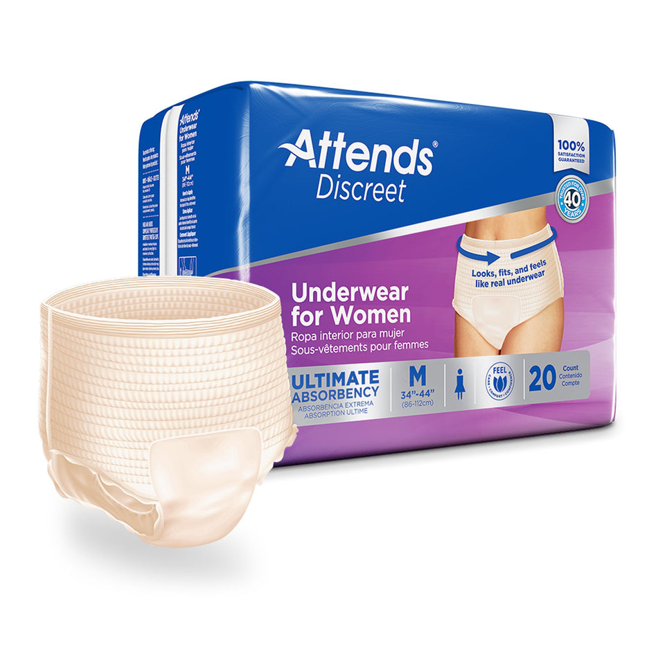 Attends Discreet Women's Underwear, Level 5, Medium-Female Adult Absorbent Underwear Attends Discreet Pull On with Tear Away Seams Medium Disposable Heavy Absorbency