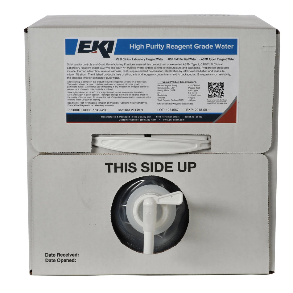 Ek Industries Inc Deionized Water Chemistry Reagent, 20 Liter Cubitainer-Chemistry Reagent EKI Deionized Water Reagent Grade / ASTM Type I 100% 20 Liter