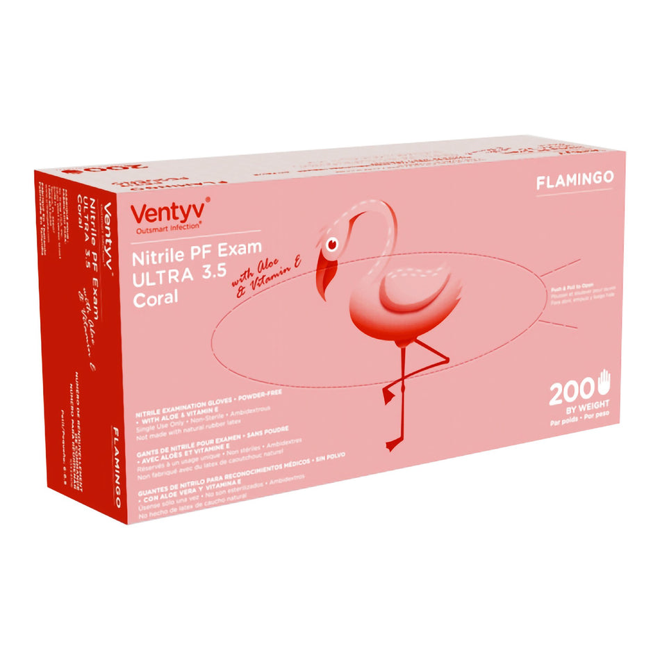 Ventyv Ultra 3.5 Coral (Flamingo) Exam Glove, Medium, Coral-Exam Glove Ventyv Ultra 3.5 CORAL (FLAMINGO) Medium NonSterile Nitrile Standard Cuff Length Textured Fingertips Coral Not Rated