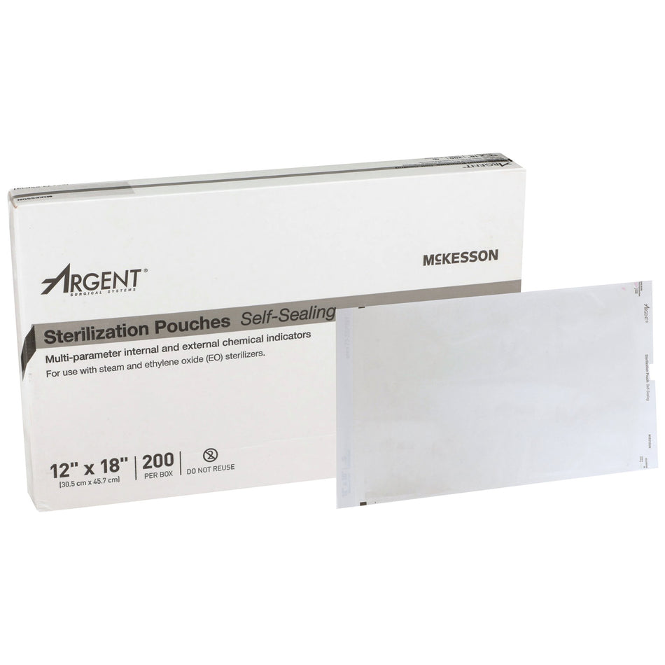 McKesson Argent Sure-Check Sterilization Pouch, 12 x 18 Inch-Sterilization Pouch McKesson Argent Sure-Check Ethylene Oxide (EO) Gas / Steam 12 X 18 Inch Transparent / Blue Self Seal Paper / Film