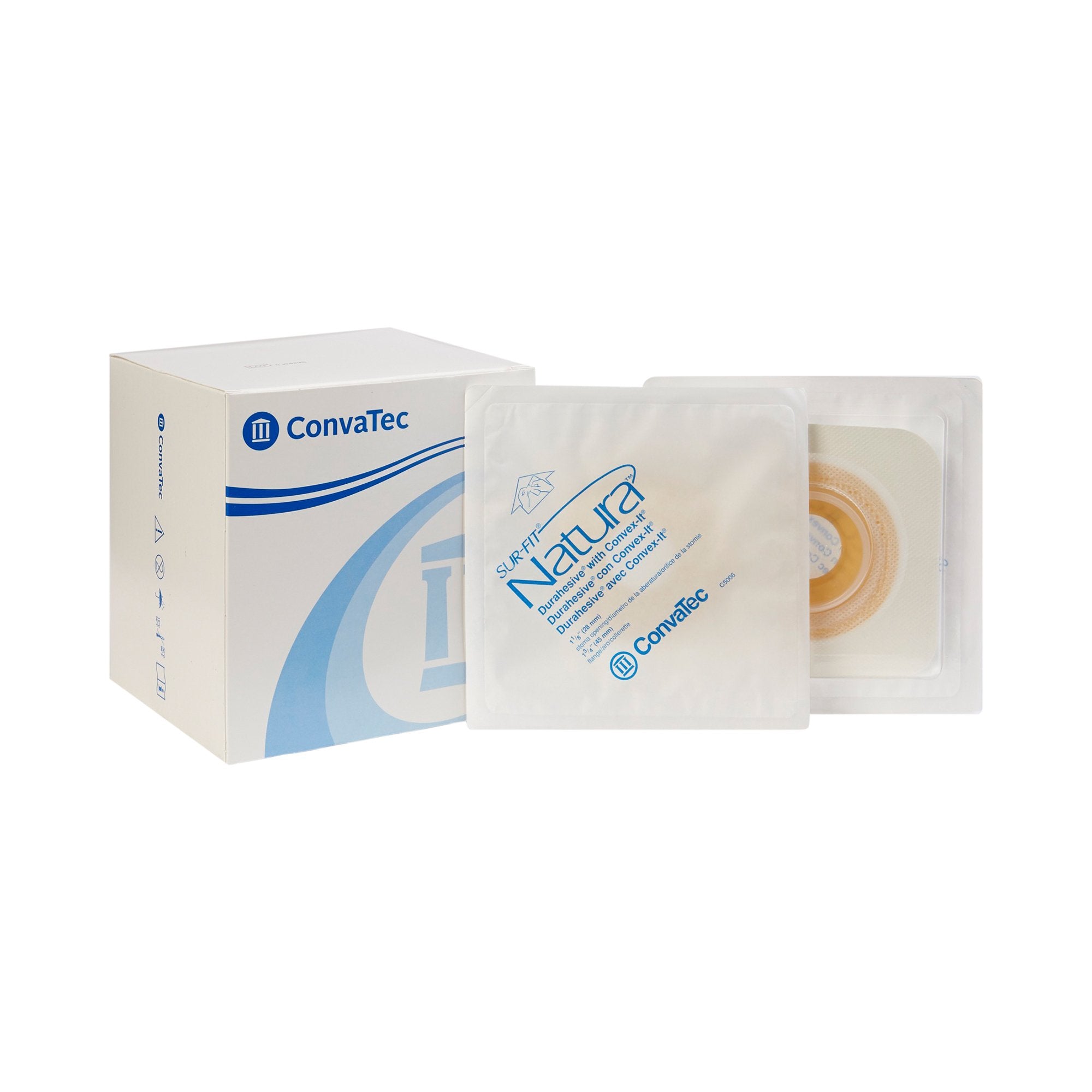 Sur-Fit Natura Colostomy Barrier With 1 1/8 Inch Stoma Opening-"Ostomy Barrier Sur-Fit Natura Precut, Extended Wear Durahesive Adhesive 45 mm Flange Sur-Fit Natura System Hydrocolloid 1-1/8 Inch Opening 4-1/2 X 4-1/2 Inch"