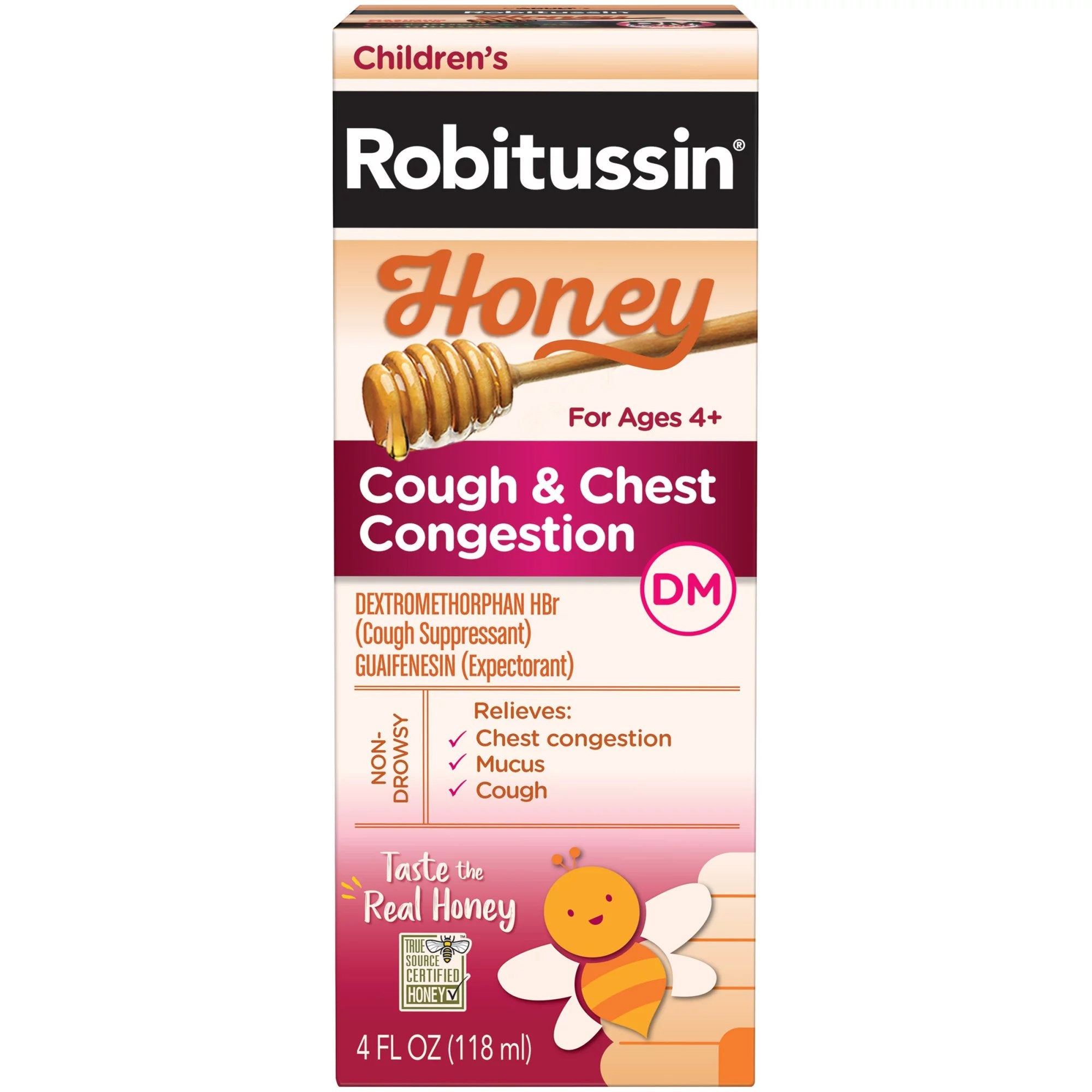 Robitussin Children's Honey Cough & Chest Congestion DM Liquid, 4-ounce bottle-Cold and Cough Relief 4 oz.