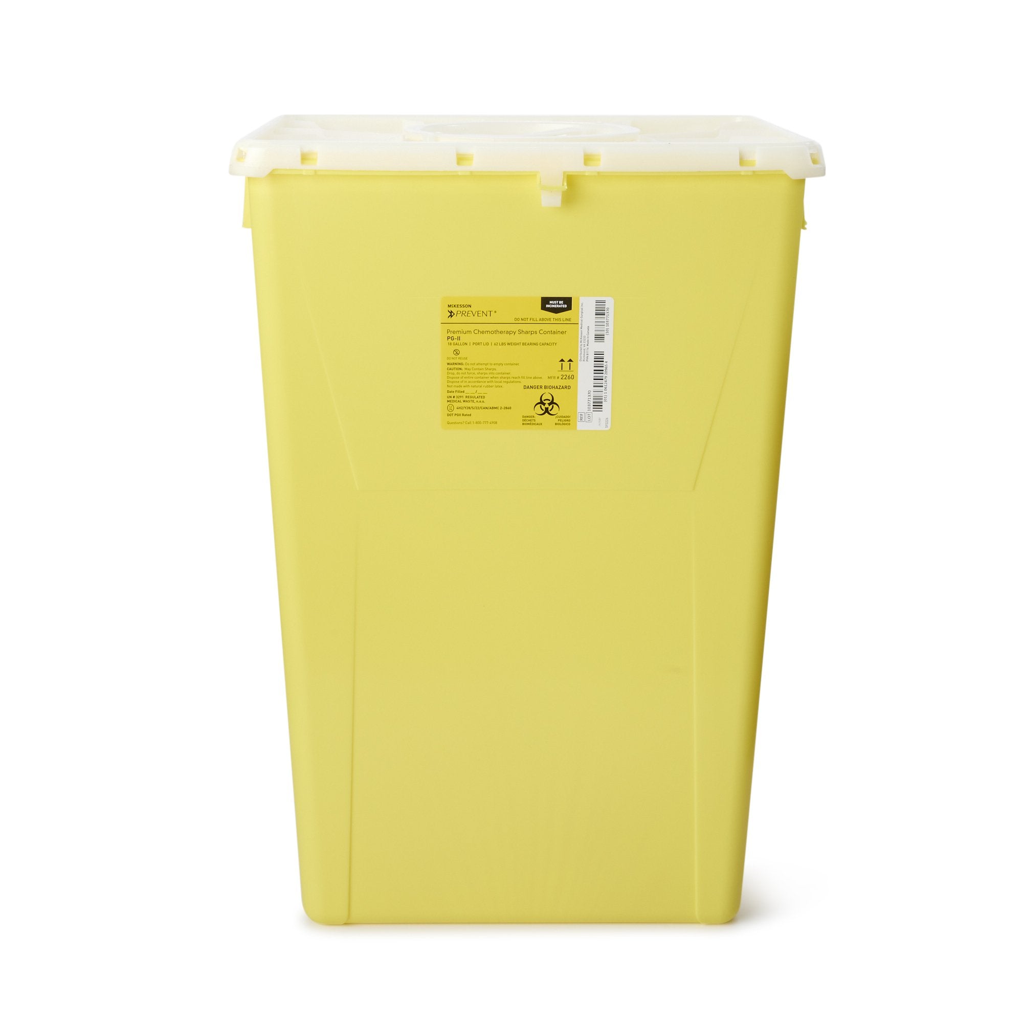 McKesson Prevent Chemotherapy Sharps Container, 18-Gallon, 24-3/5x 17-3/10 x 13 Inch-Chemotherapy Waste Container McKesson Prevent Yellow Base 24-3/5 H X 17-3/10 W X 13 L Inch Vertical Entry 18 Gallon