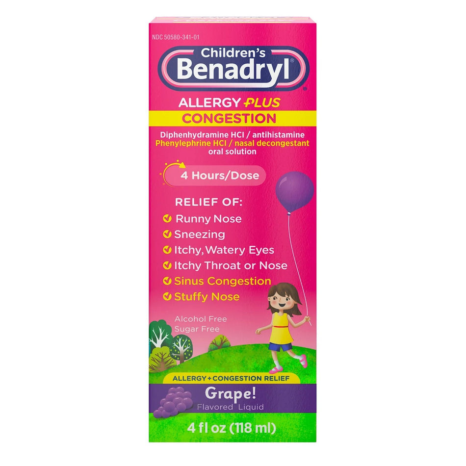 Benadryl Children's Allergy Plus Congestion Liquid Grape Flavor, 4-ounce bottle-Children's Allergy Relief Children�s BENADRYL� Allergy Plus Congestion 12.5 mg - 5 mg Strength Liquid 4 oz.