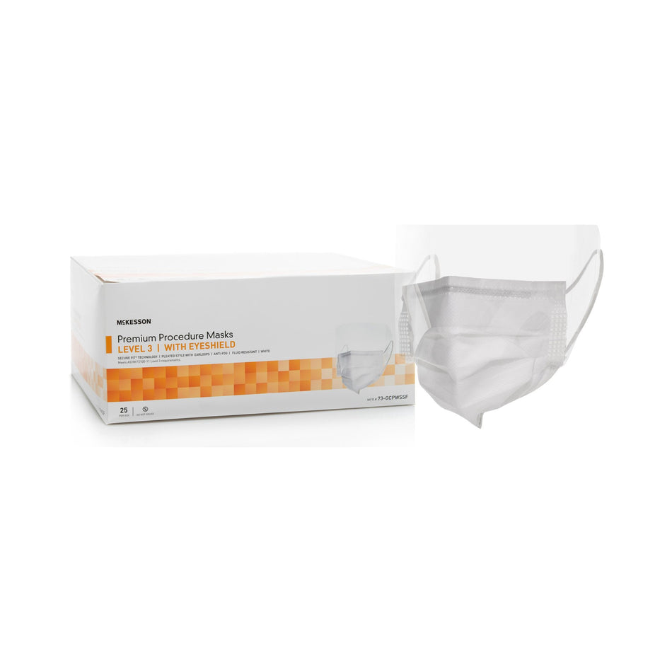 McKesson Procedure Masks with Eyeshields-Procedure Mask with Eye Shield McKesson Anti-fog Strip ASTM Level 3 Earloops One Size Fits Most