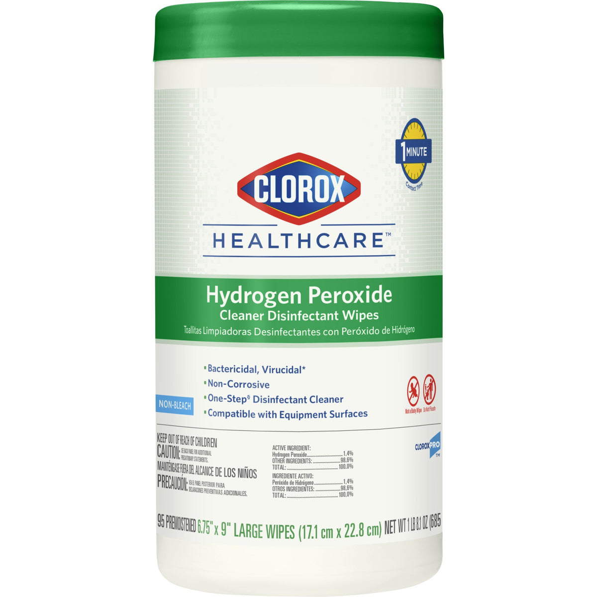 Clorox Healthcare Hydrogen Peroxide Cleaner Disinfectant Wipes, Canister, 95 ct.-Clorox Healthcare Surface Disinfectant Cleaner Premoistened Hydrogen Peroxide Based Manual Pull Wipe 95 Count Canister Unscented NonSterile
