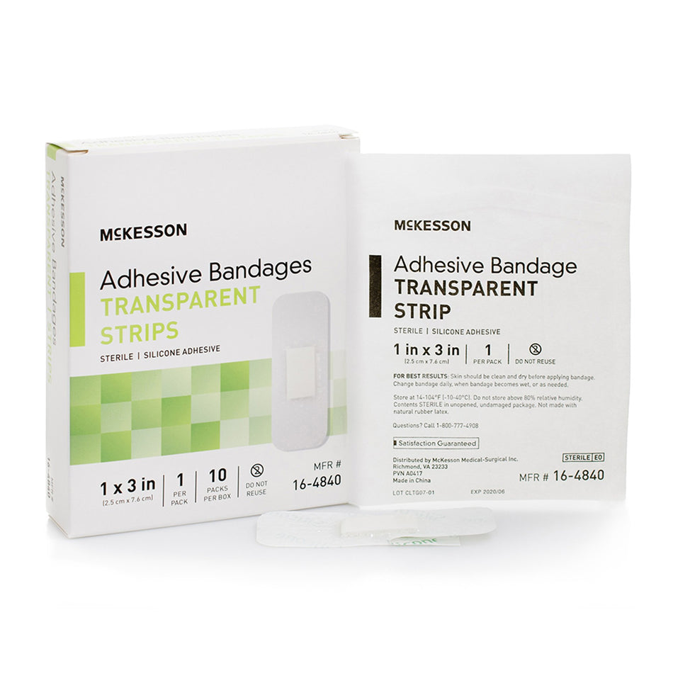 McKesson Sheer Adhesive Strip, 1 x 3 Inch-Waterproof Adhesive Strip McKesson 1 X 3 Inch Silicone Rectangle Sheer Sterile