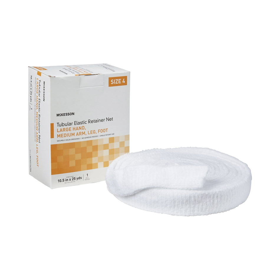 McKesson Tubular Bandage, Size 4, 25 Yard-Elastic Net Retainer Dressing McKesson Tubular Elastic 10-1/2 Inch X 25 Yard (26.7 cm X 22.9 m) Size 4 White Large Hand / Medium Arm / Leg / Foot NonSterile