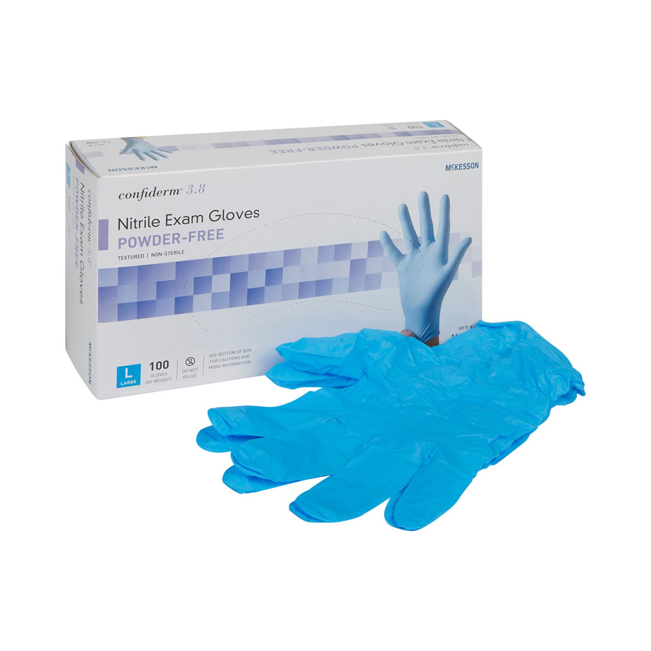 McKesson Confiderm 3.8 Nitrile Exam Glove, Large, Blue-Exam Glove McKesson Confiderm 3.8 Large NonSterile Nitrile Standard Cuff Length Textured Fingertips Blue Not Rated