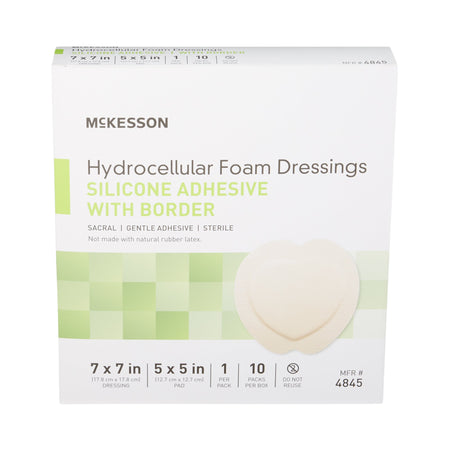 McKesson Silicone Adhesive with Border Silicone Foam Dressing, 7 x 7 Inch Sacral-Foam Dressing McKesson 7 X 7 Inch With Border Film Backing Silicone Gel Adhesive Sacral Sterile