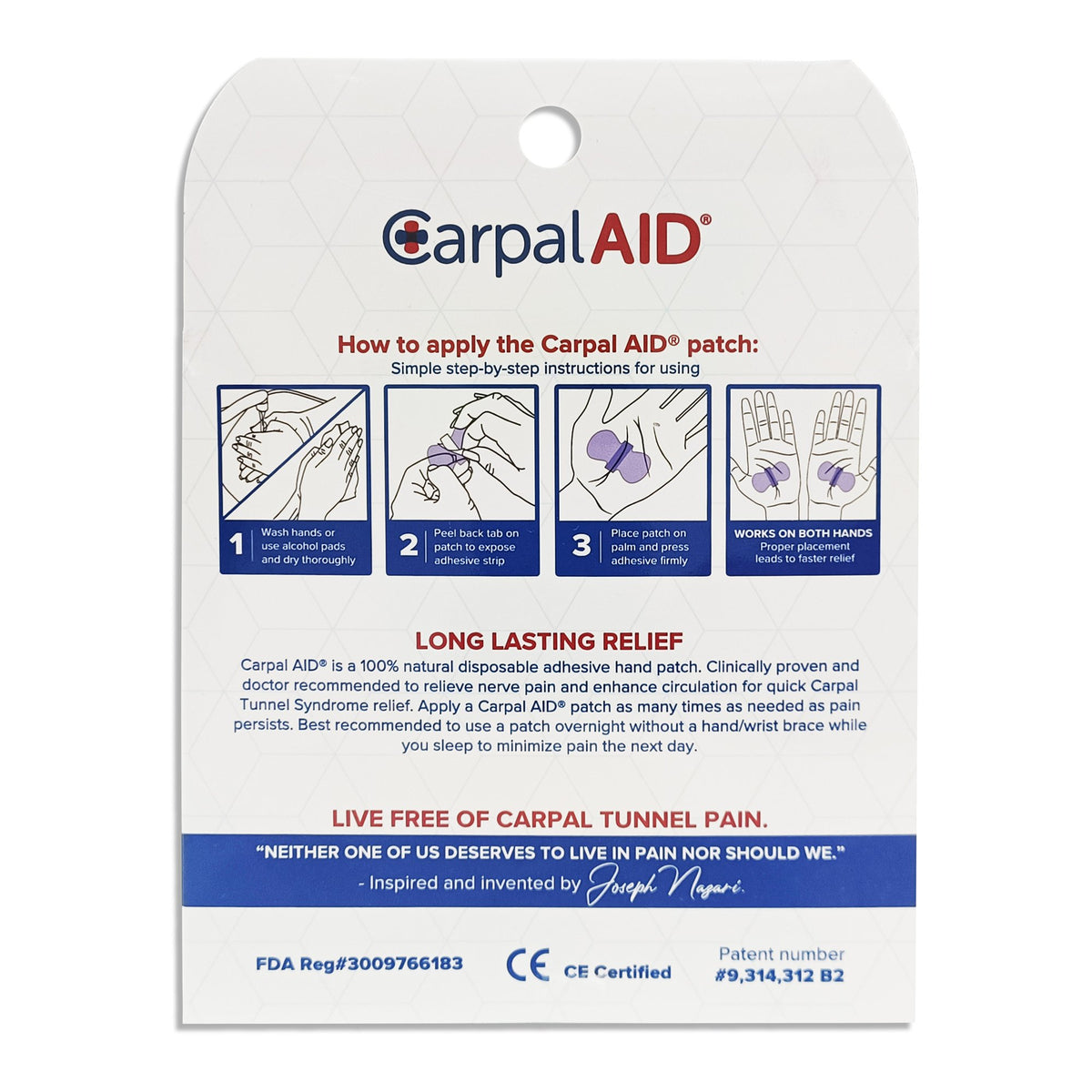 Carpal Aid Patch Hand-Based Carpal Tunnel Support-Hand-Based Carpal Tunnel Support Carpal AID Patch Plastic Left or Right Hand Clear One Size Fits Most