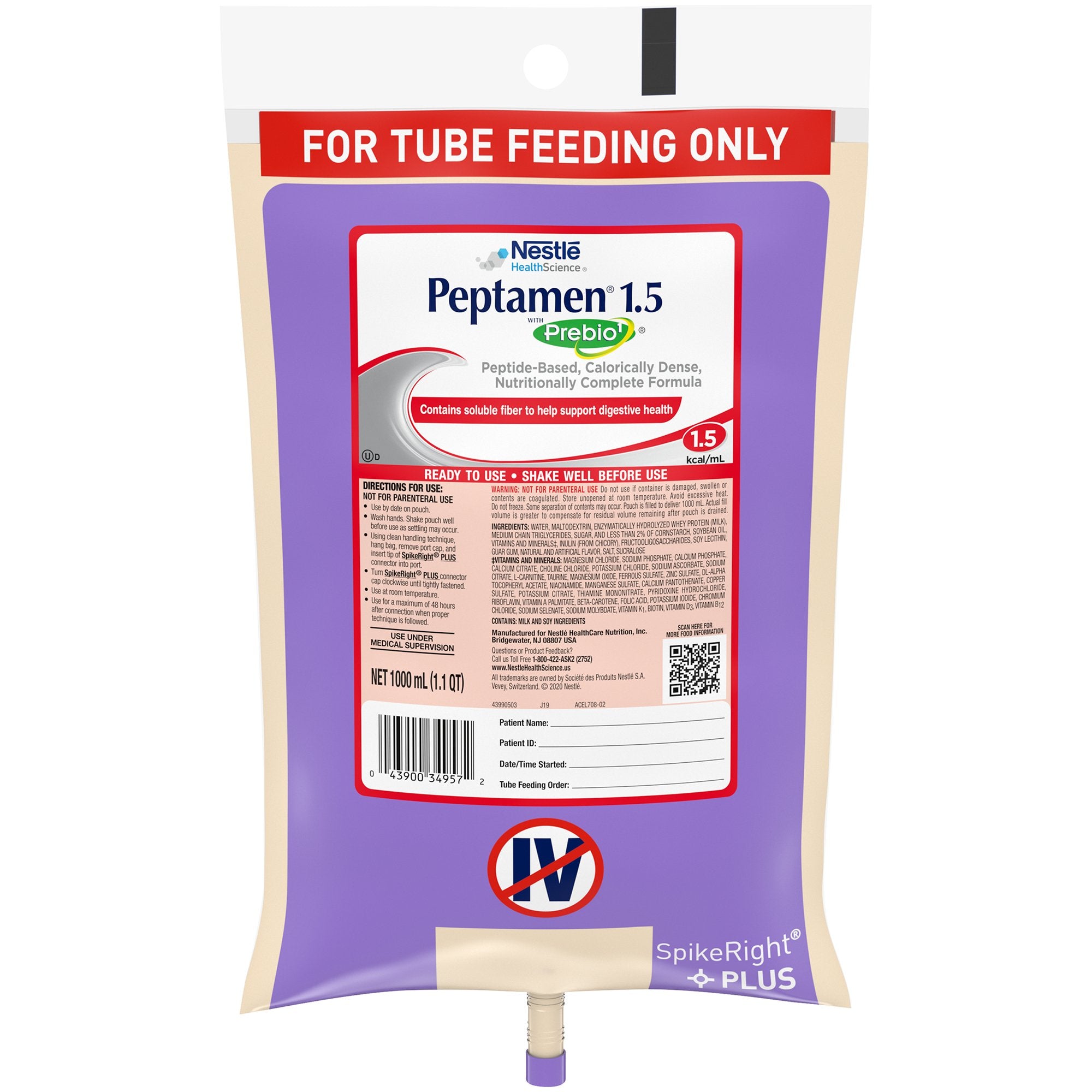 Peptamen 1.5 with Prebio1 Peptide-Based, Calorically Dense, Nutritionally Complete Formula, 1 Liter Bag-Tube Feeding Formula Peptamen 1.5 with Prebio 1 Vanilla Flavor Liquid 1000 mL Ready to Hang Prefilled Container