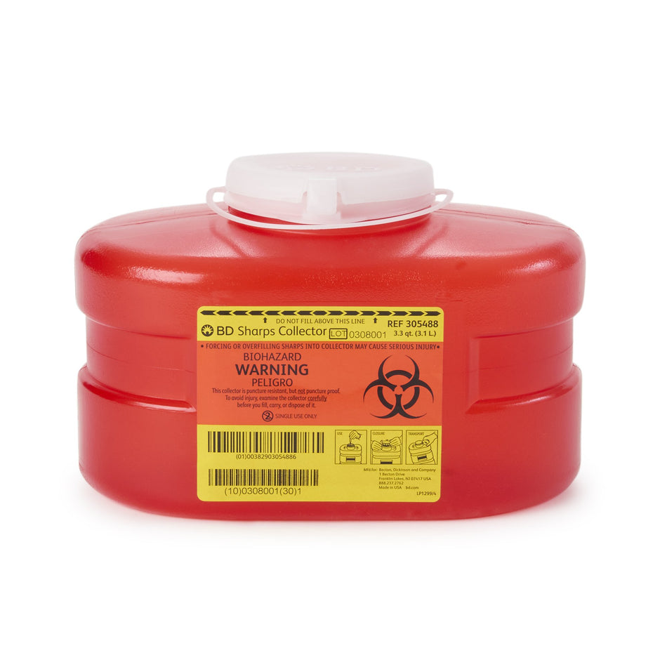 Becton Dickinson Red Sharps Container, 3-1/3 Quart, 5-3/10x 9-1/10 x 5 Inch-Sharps Container BD� Red Base 5-3/10 H X 9-1/10 W X 5 D Inch Vertical Entry 0.825 Gallon