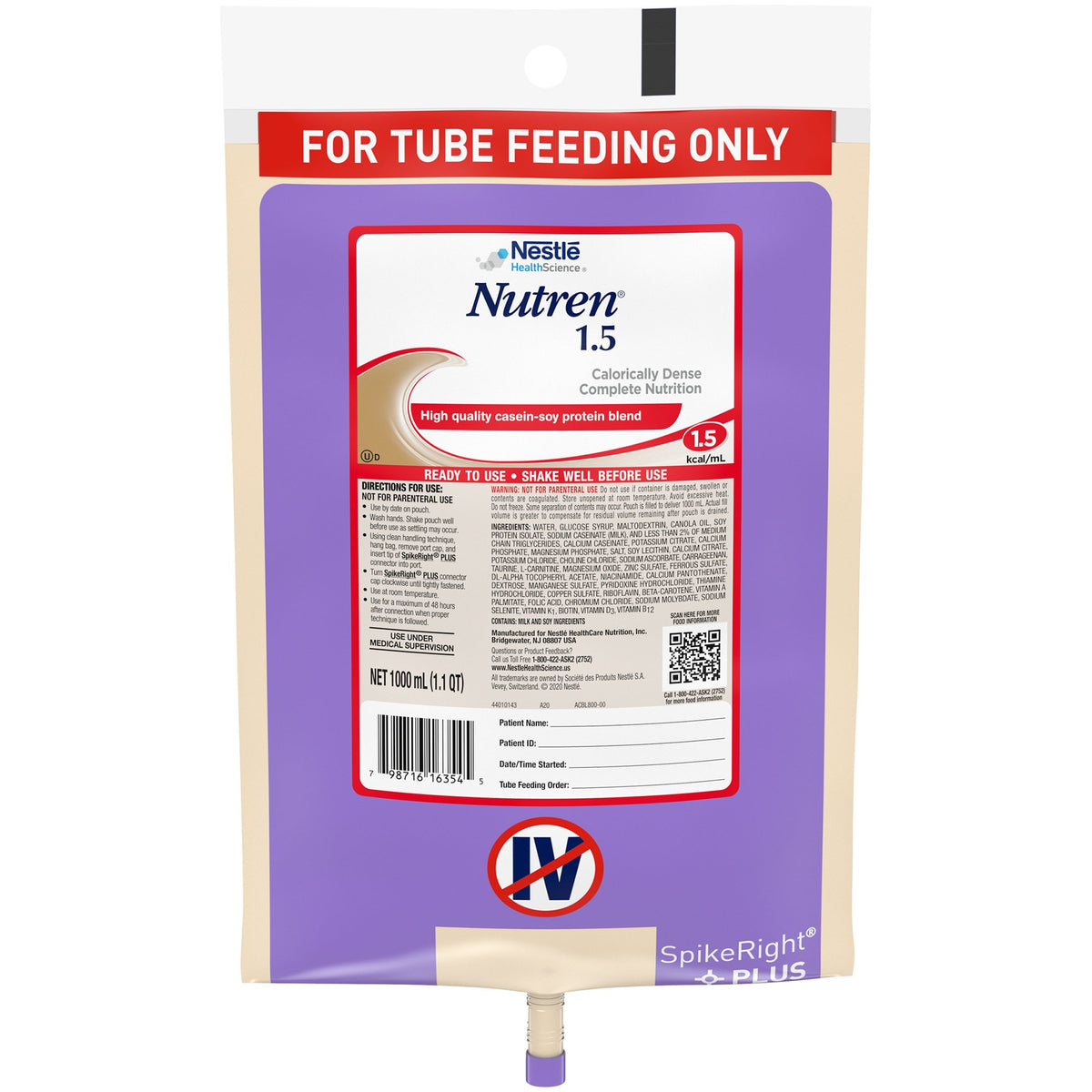 Nutren 1.5 Ready to Hang Prefilled Container, 1000 mL Bag-Tube Feeding Formula Nutren 1.5 Unflavored Liquid 1000 mL Ready to Hang Prefilled Container