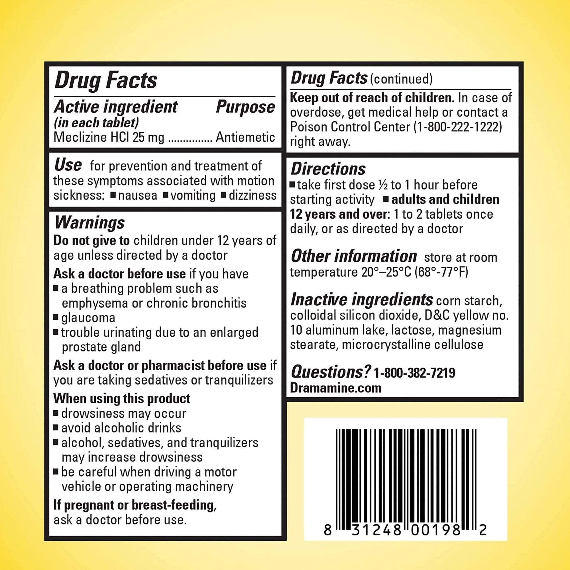 Dramamine Motion Sickness All Day Less Drowsy Relief Tablets-Nausea Relief Dramamine Motion Sickness All Day Less Drowsy 25 mg Strength Tablet 8 Per Box