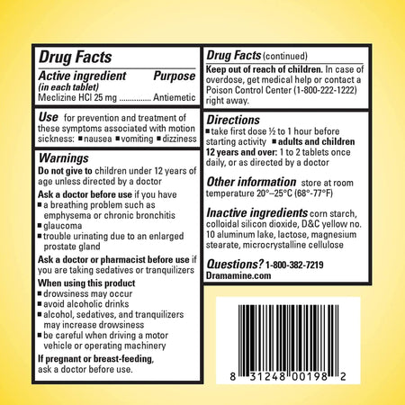 Dramamine Motion Sickness All Day Less Drowsy Relief Tablets-Nausea Relief Dramamine Motion Sickness All Day Less Drowsy 25 mg Strength Tablet 8 Per Box