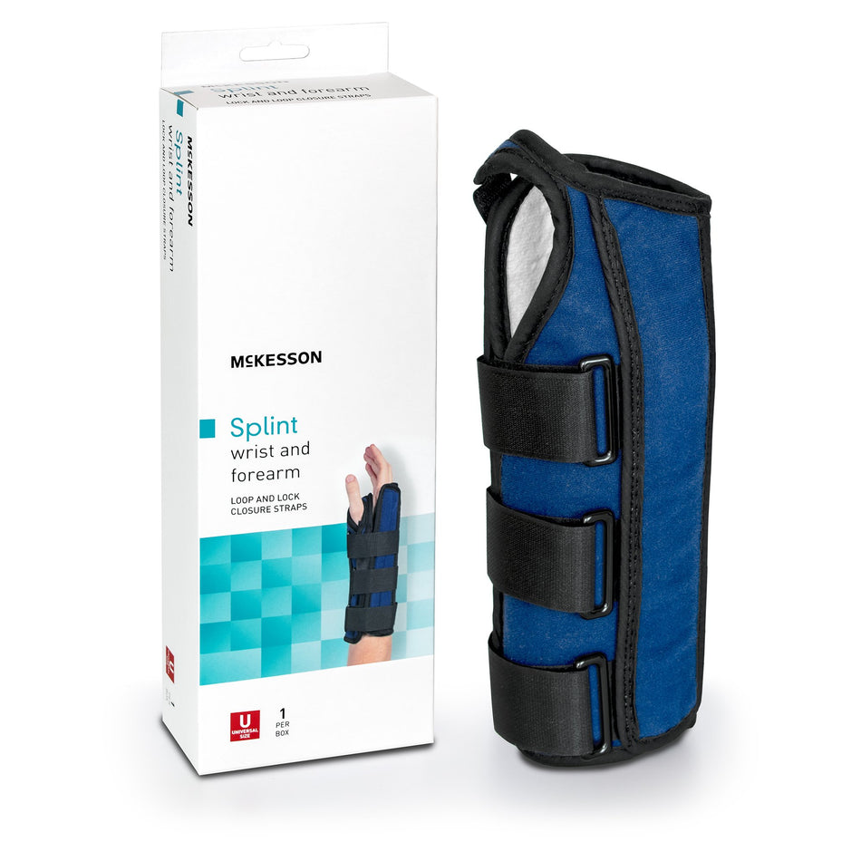 McKesson Left Wrist / Forearm Splint, One Size Fits Most-Wrist / Forearm Brace McKesson Aluminum / Nylon / Foam / Flannelette Left Hand Black / Blue One Size Fits Most