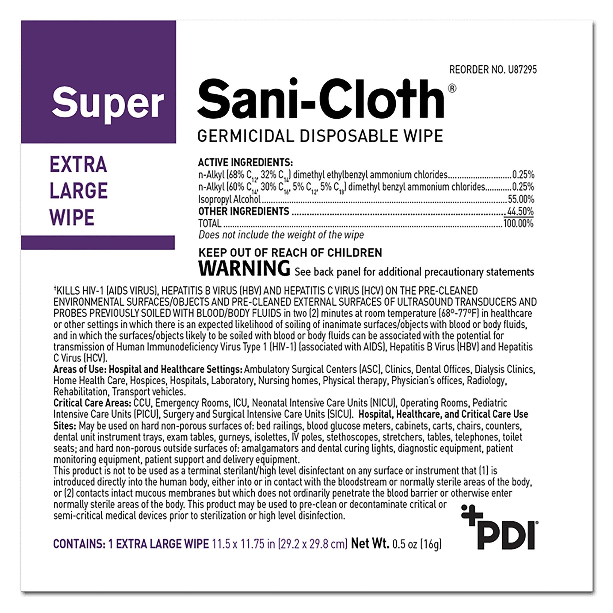 Super Sani-Cloth® Extra Large Germicidal Disinfectant Wipes, Individual Packets - Housekeeping>Cleaners and Disinfectants...