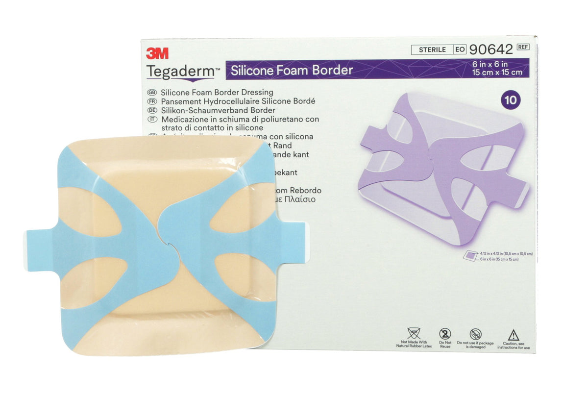 3M Tegaderm Silicone Adhesive with Border Silicone Foam Dressing, 6 x 6 Inch-Foam Dressing 3M Tegaderm 6 X 6 Inch With Border Film Backing Silicone Adhesive Square Sterile