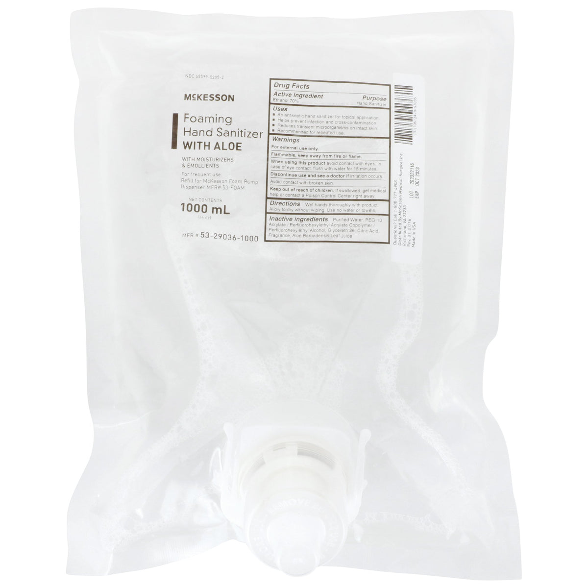 McKesson Foaming Hand Sanitizer with Aloe 1000 mL, Refill-"Hand Sanitizer with Aloe McKesson 1,000 mL Ethyl Alcohol Foaming Dispenser Refill Bag"