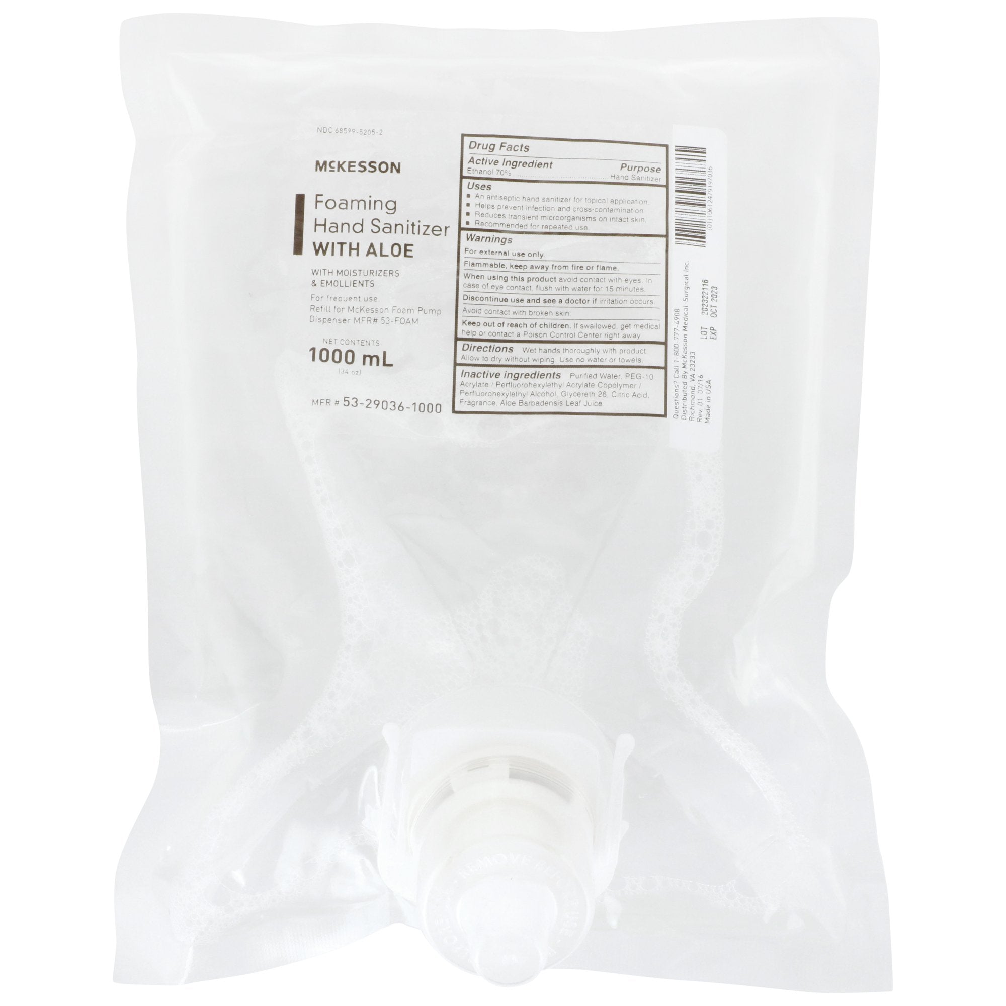 McKesson Foaming Hand Sanitizer with Aloe 1000 mL, Refill-"Hand Sanitizer with Aloe McKesson 1,000 mL Ethyl Alcohol Foaming Dispenser Refill Bag"