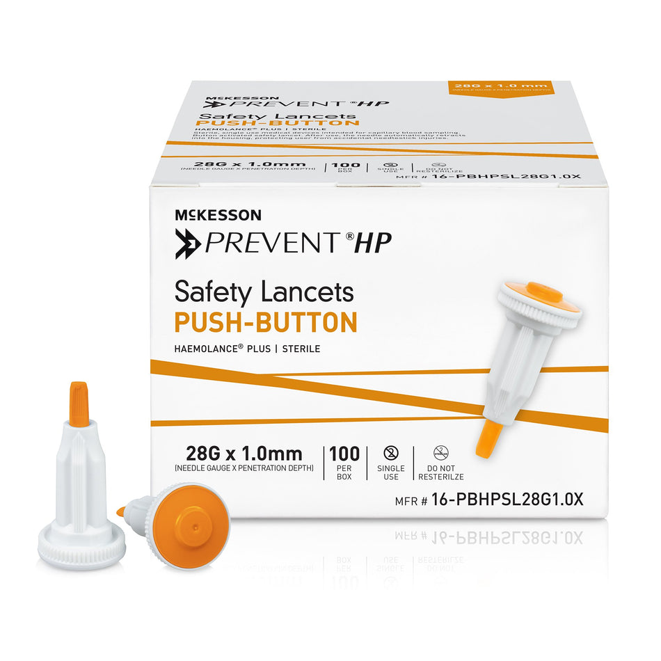 McKesson Prevent HP Push Button Safety Lancet, 28 Gauge, 1.0 mm-Safety Lancet McKesson Prevent HP 28 Gauge Retractable Push Button Activation Finger