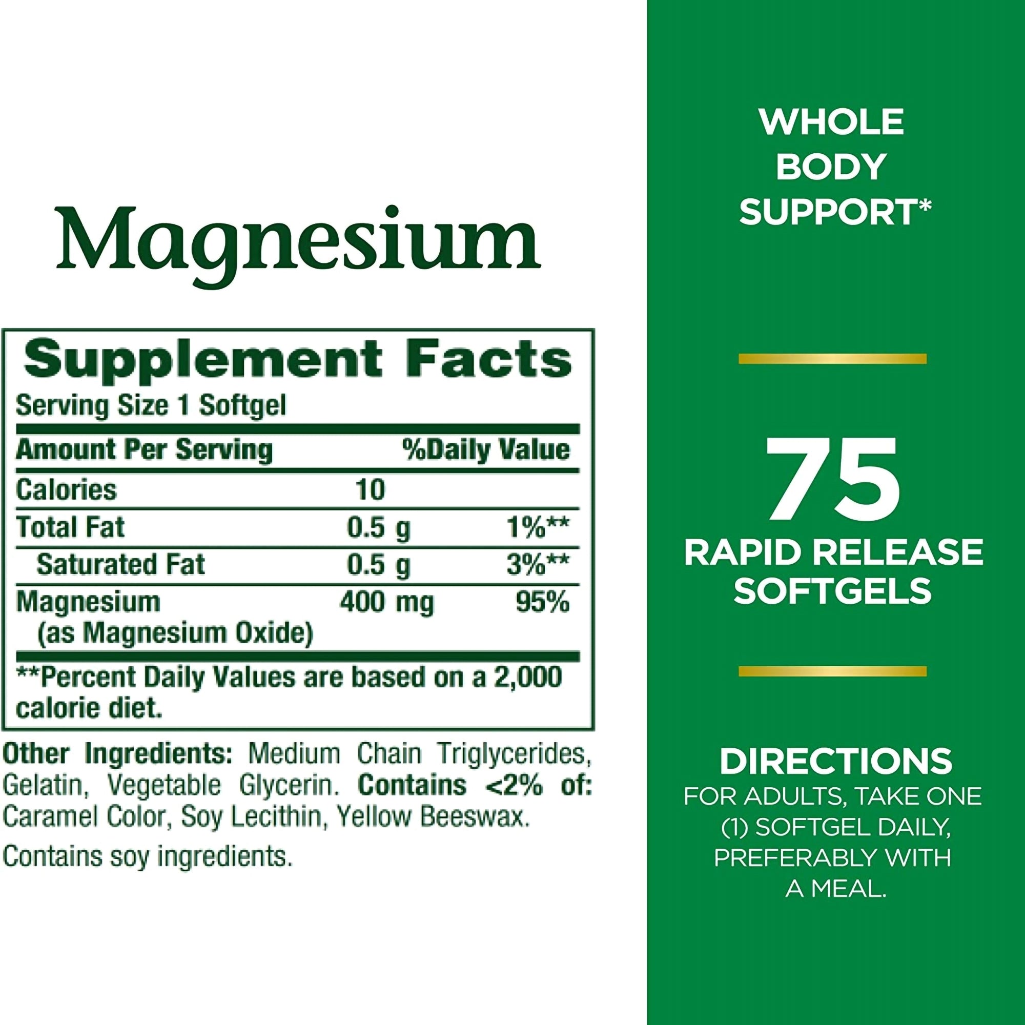 Nature's Bounty Magnesium 400 mg Mineral Supplement Rapid Release Softgels-Dietary Supplement Nature's Bounty Magnesium 400 mg Strength Softgel 75 per Bottle
