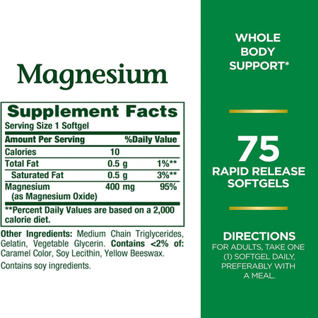 Nature's Bounty Magnesium 400 mg Mineral Supplement Rapid Release Softgels-Dietary Supplement Nature's Bounty Magnesium 400 mg Strength Softgel 75 per Bottle