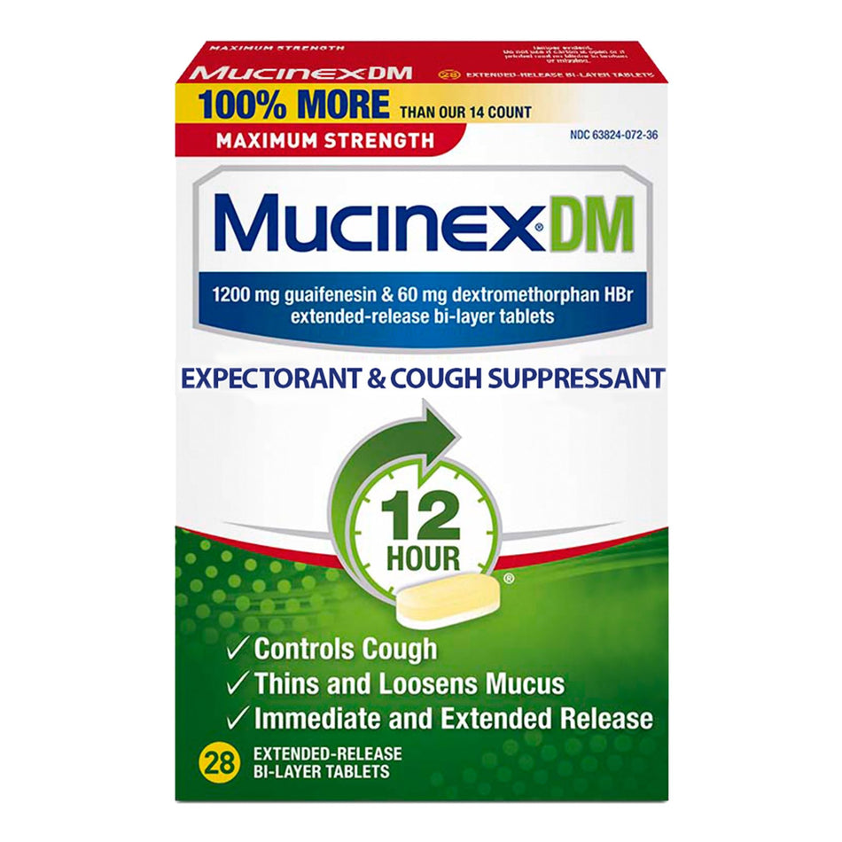 Mucinex DM Guaifenesin / Dextromethorphan Cold and Cough Relief-"Cold and Cough Relief Mucinex DM 1,200 mg - 60 mg Strength Tablet 28 per Box"