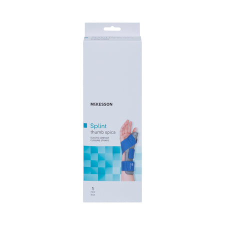 McKesson Left Thumb Splint, Small / Medium-Wrist Splint with Thumb Spica McKesson Thumb Spica Nylon / Cotton-Terry / Foam / Elastic / Spandex Left Hand Blue / Gray Small / Medium