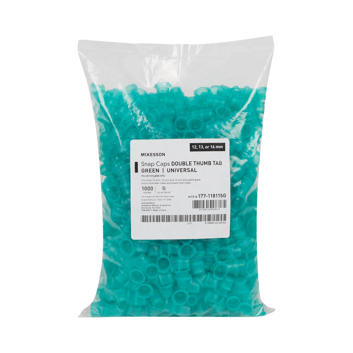 McKesson Green Tube Closure, 12, 13 mm and 16 mm-"McKesson Tube Closure Polyethylene Snap Cap Green 12 mm / 13 mm / 16 mm (Universal) Fits Most 12mm, 13mm and 16mm Evacuated Glass Blood Collection Tubes and Plastic Test Tubes NonSterile"