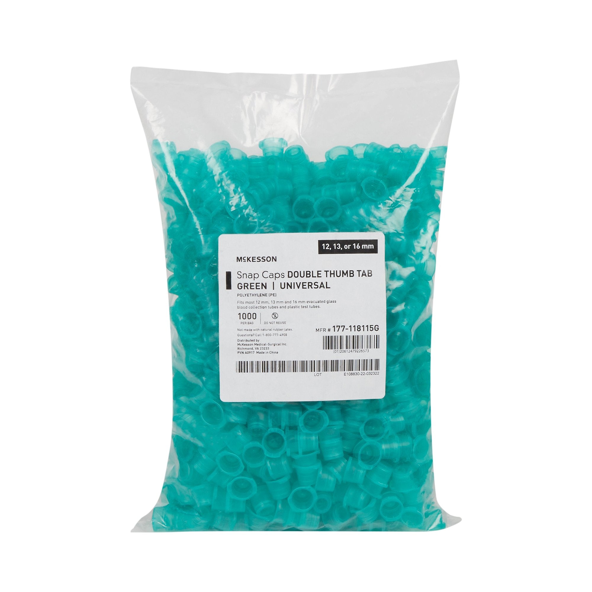 McKesson Green Tube Closure, 12, 13 mm and 16 mm-"McKesson Tube Closure Polyethylene Snap Cap Green 12 mm / 13 mm / 16 mm (Universal) Fits Most 12mm, 13mm and 16mm Evacuated Glass Blood Collection Tubes and Plastic Test Tubes NonSterile"