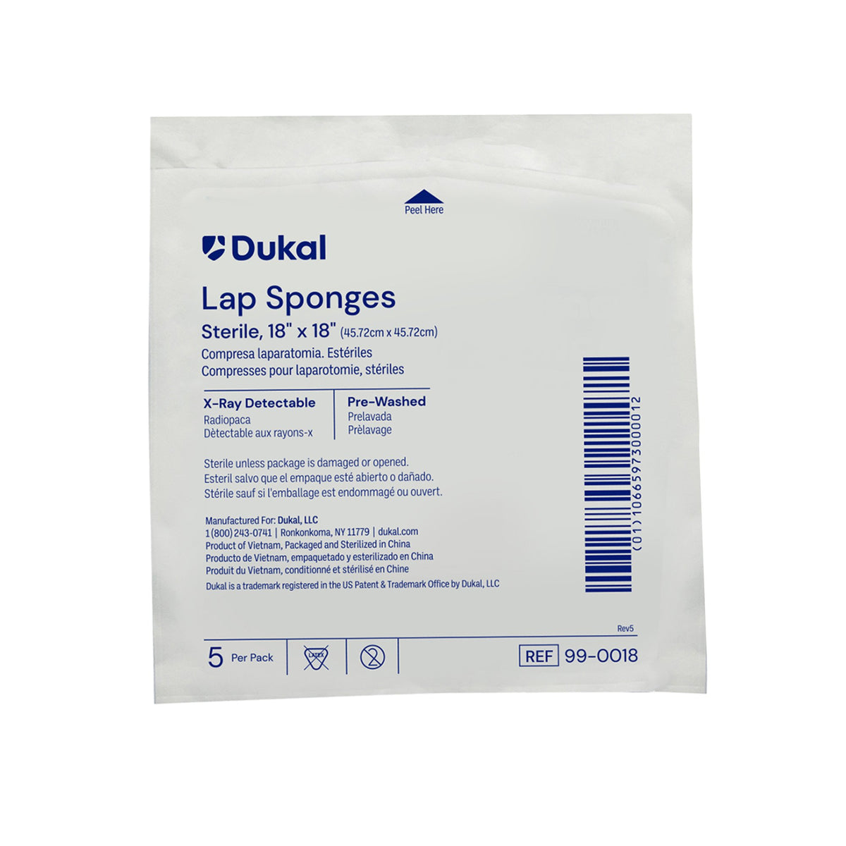 Dukal X-Ray Detectable Surgical Laparotomy Sponge, 18 x 18 Inch-Surgical Laparotomy Sponge X-Ray Detectable Cotton 18 X 18 Inch 5 Count Pack Sterile
