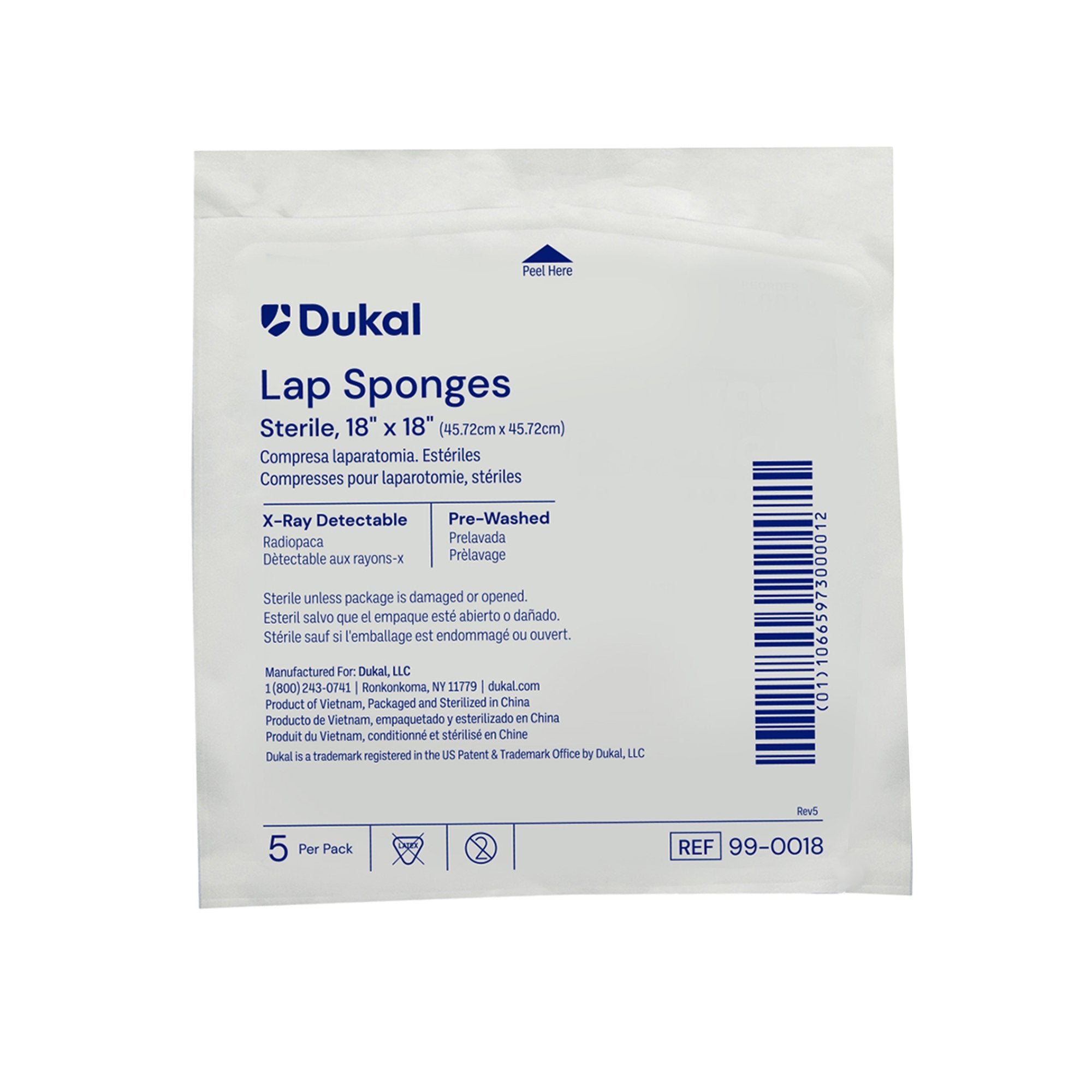 Dukal X-Ray Detectable Surgical Laparotomy Sponge, 18 x 18 Inch-Surgical Laparotomy Sponge X-Ray Detectable Cotton 18 X 18 Inch 5 Count Pack Sterile